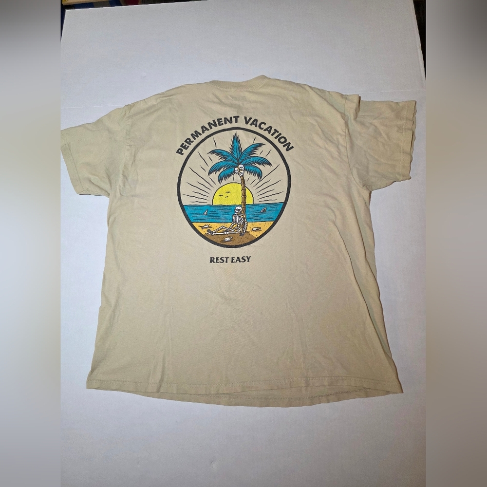 Rest Easy Permanent Vacation T-Shirt XL Tan Skeleton Surf Summer Goth Graphic